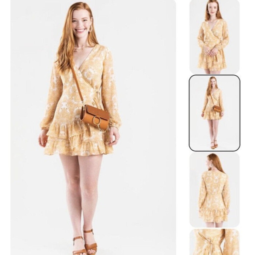 Francesca's Wrap Dress XXS Cathey Ruffle Wrap Mini Dress Yellow Paisley NWT